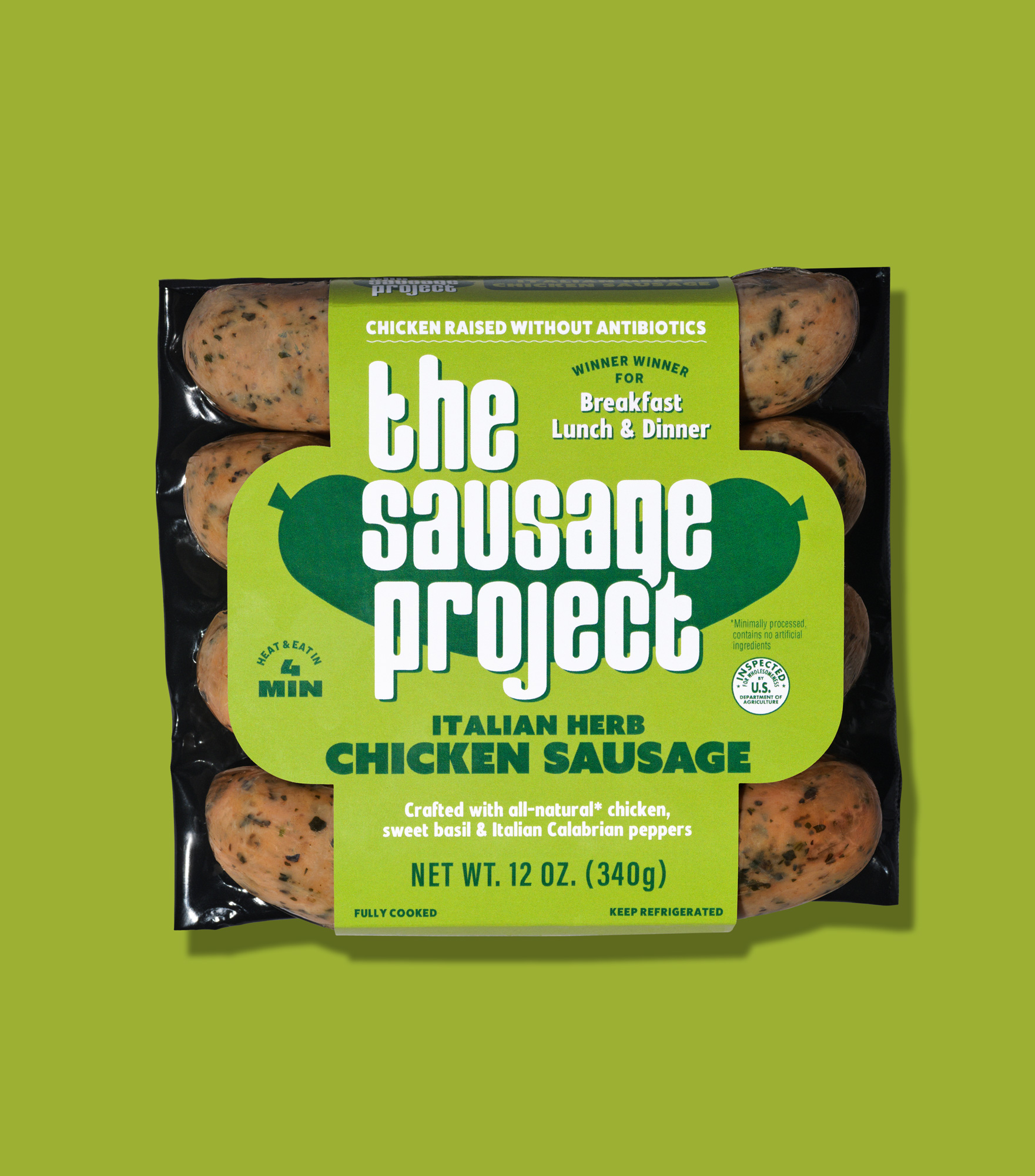 The Sausage Project Italian Herb Chicken Sausage on a bright green background.