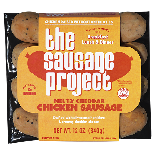 A four pack of The Sausage Project's Melty Cheddar Chicken Sausage