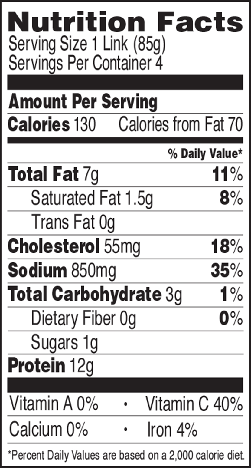 Nutritional facts for The Sausage Project Classic Roasted Chicken Sausage.