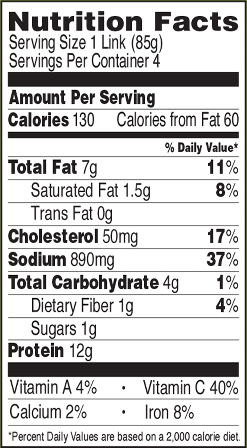 Nutritional facts for The Sausage Project Italian Herb Chicken Sausage.