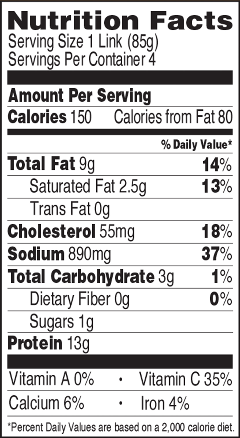 Nutritional facts for The Sausage Project Melty Cheddar Chicken Sausage.