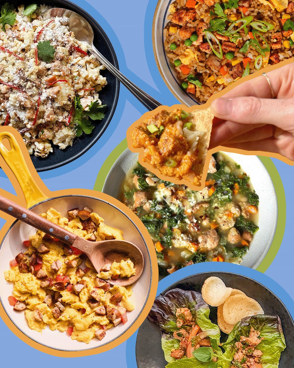 A collage of sausage dishes, including Buffalo Chicken Dip, scrambled eggs, chilaquiles, and fried rice.