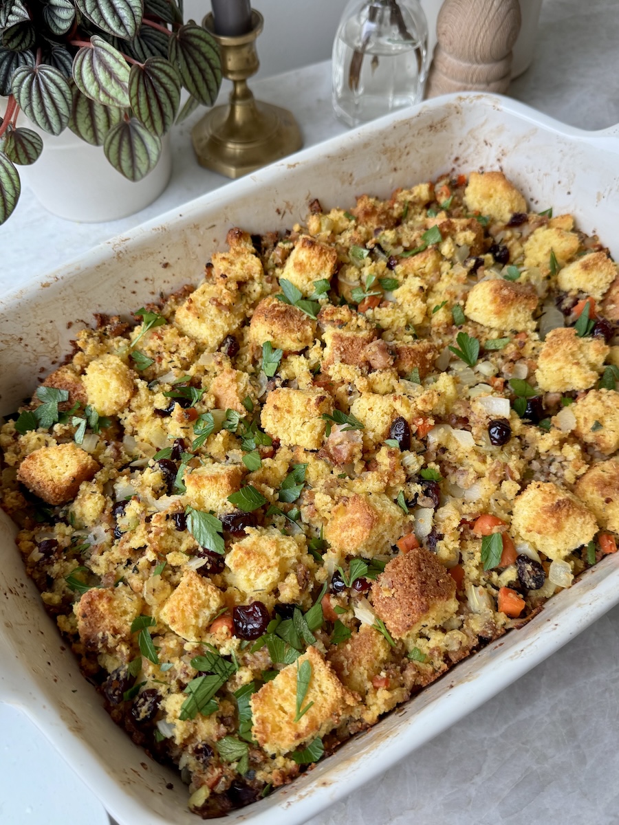 Chicken Sausage Stuffing in a casserole dish.