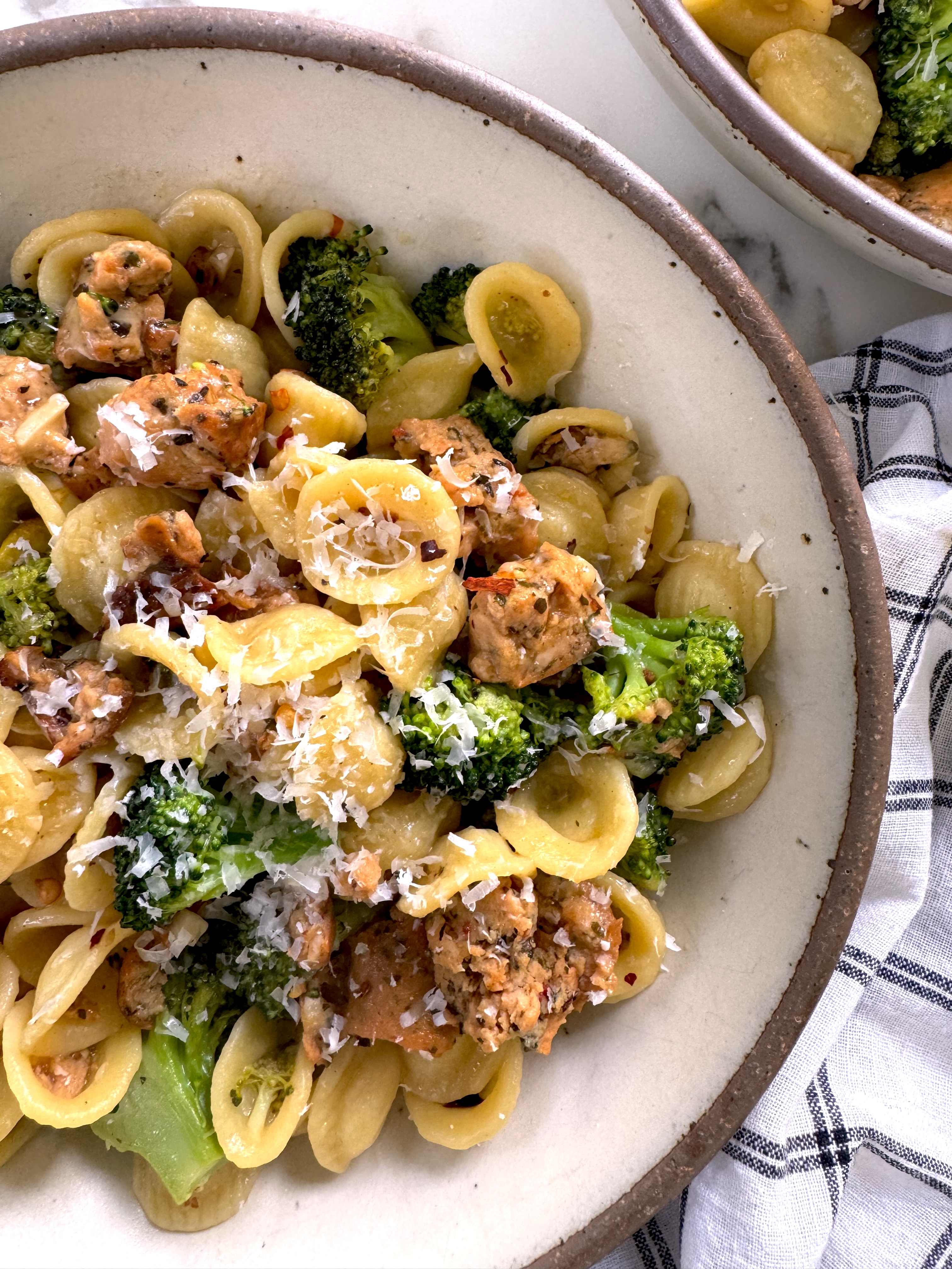 A vibrant bowel of orecchiette and broccoli with Italian Herb Chicken Sausage.