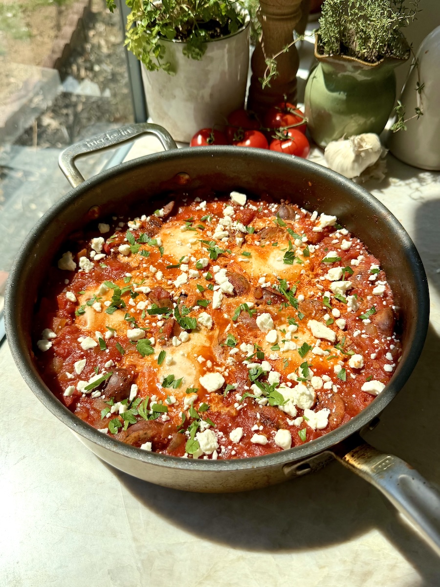 A skillet full of rich shakshuka.
