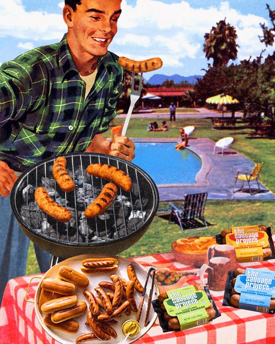 A 1950s retro collage of a man grilling chicken sausage poolside.