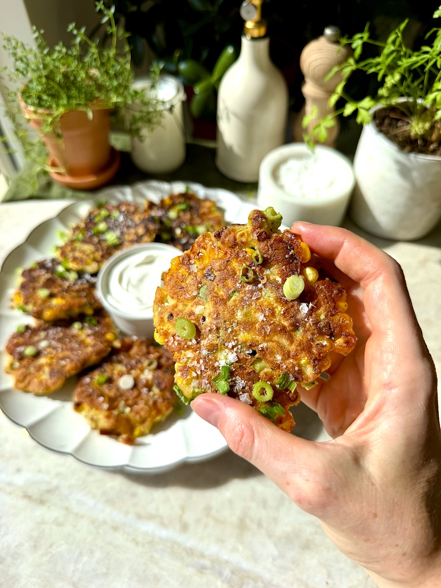 A corn, zucchini and chicken sausage fritter.